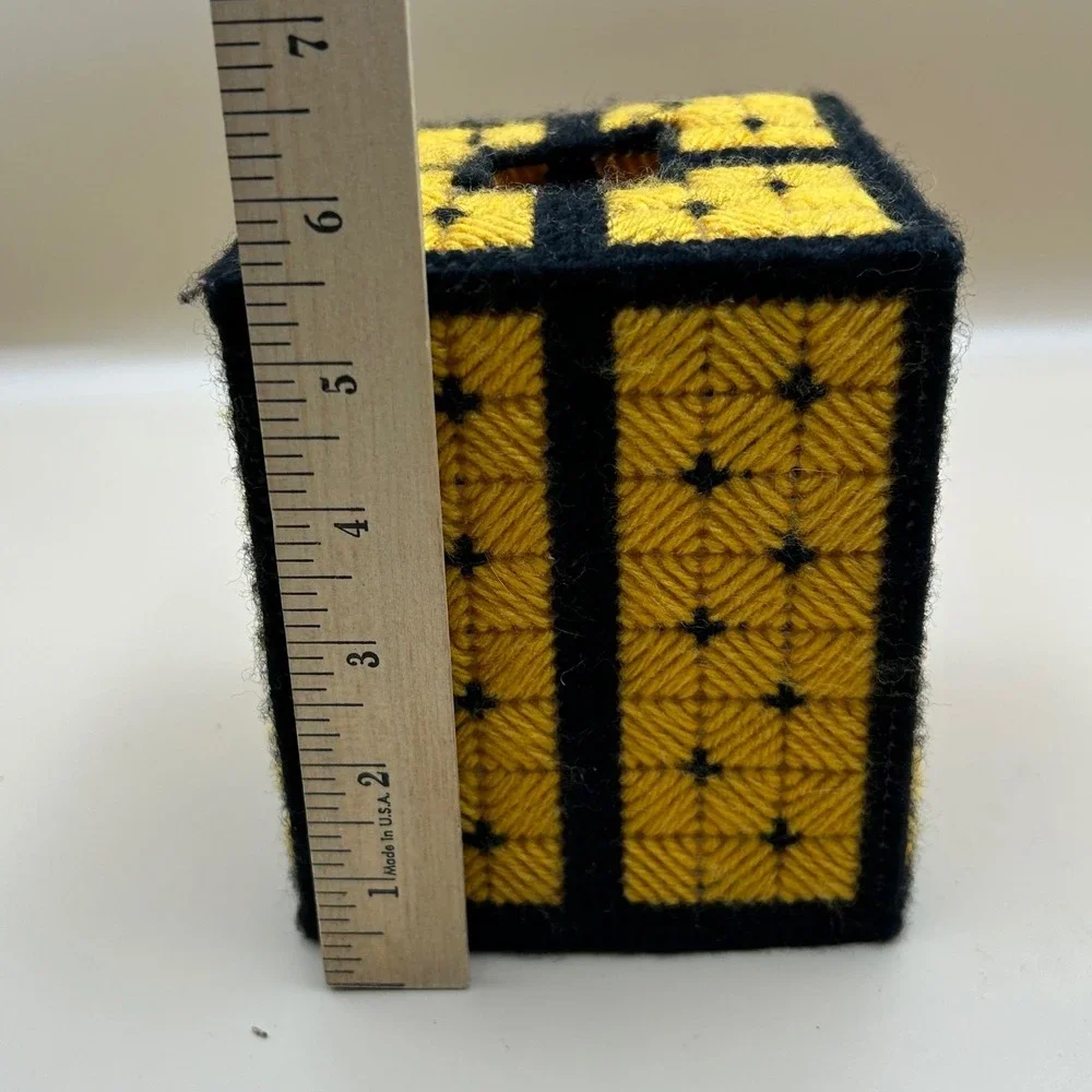 Handmade Plastic Canvas Tissue Box Cover Yellow Black Geometric Boutique Square